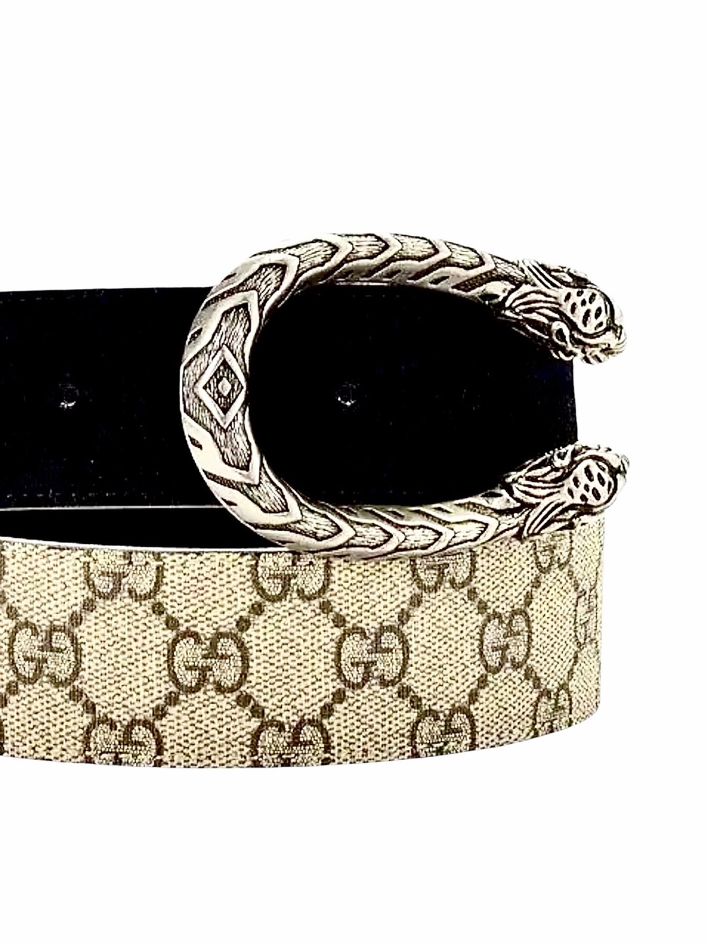 Gucci – Dionysus GG Supreme Canvas Belt Double Tiger Head – Beige/Black – Sz. 36